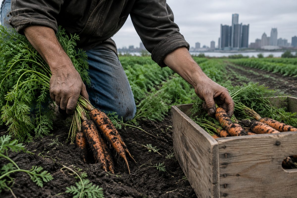 A farmer pulling carrots from dark soil into a wooden crate in a Michigan field