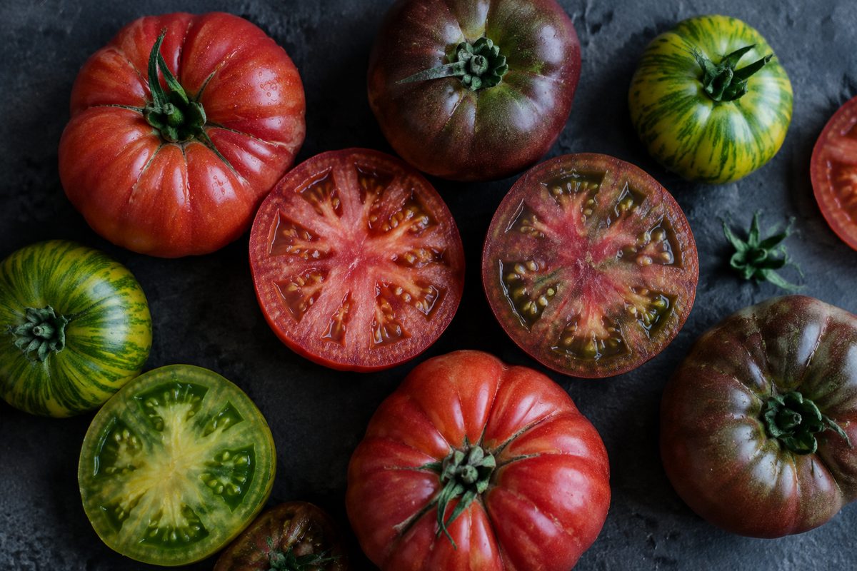 Brandywine, Cherokee Purple and Green Zebra heirloom tomatoes from Kent County, some sliced, on dark slate