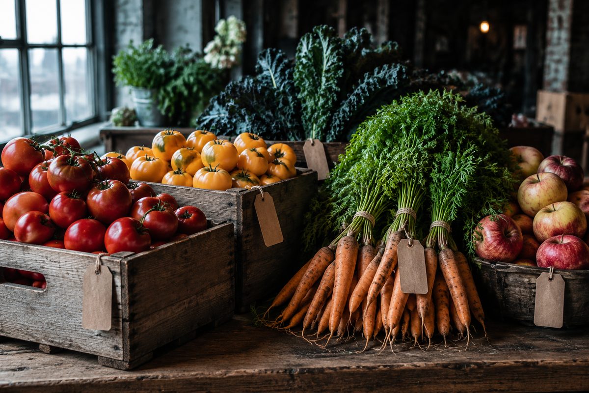 Wooden crates of tomatoes, carrots, kale and apples on the counter at Eastern Market Provisions