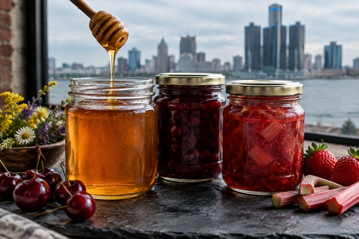 Jars of raw wildflower honey and tart cherry and strawberry rhubarb preserves with a honey dipper