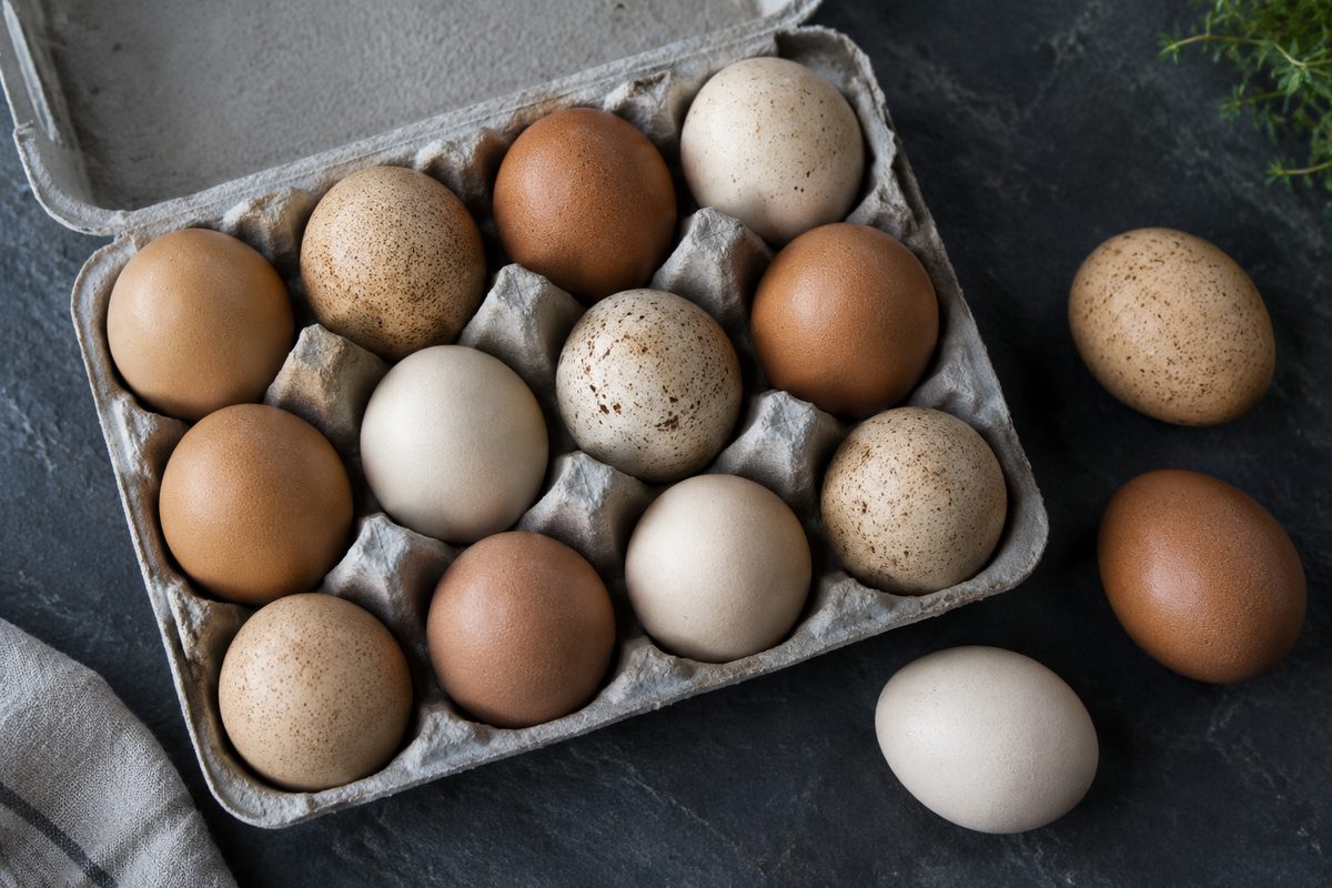 A dozen pastured eggs in mixed brown shades from Lapeer County, some loose beside the tray