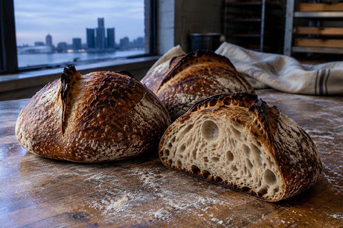 Sourdough loaves baked overnight, one cut to show the open crumb, on a floured walnut bench